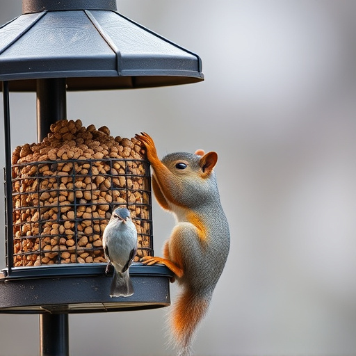Squirrel climbing near protected bird feeder