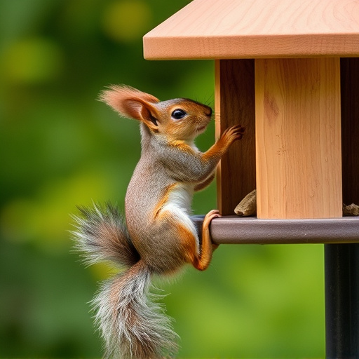 Squirrel climbing near protected bird feeder
