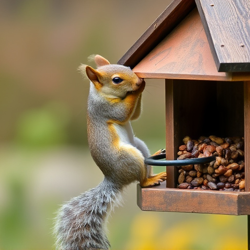 Squirrel climbing near protected bird feeder