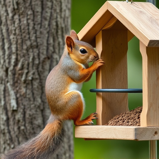 Squirrel climbing near protected bird feeder