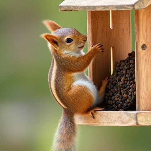 Squirrel climbing near protected bird feeder