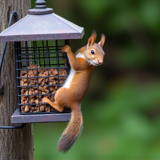 Squirrel climbing near protected bird feeder