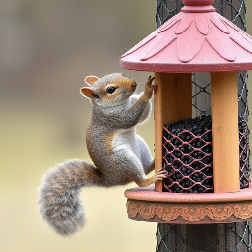 Squirrel climbing near protected bird feeder