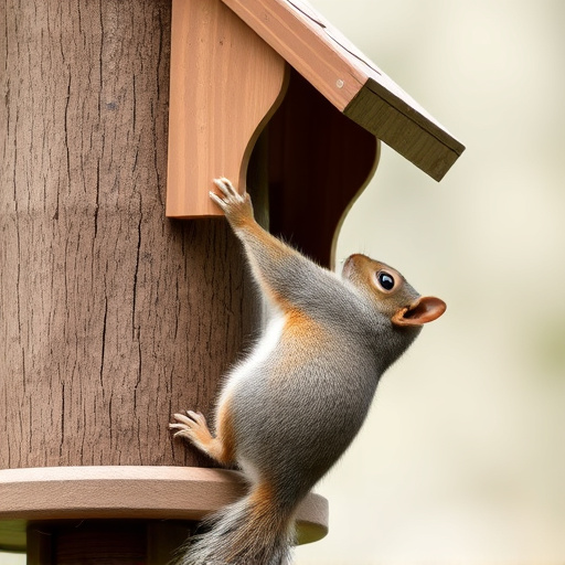 Squirrel climbing near protected bird feeder
