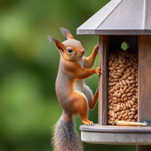 Squirrel climbing near protected bird feeder