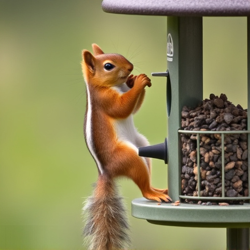 Squirrel climbing near protected bird feeder