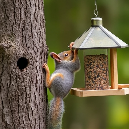 Squirrel climbing near protected bird feeder