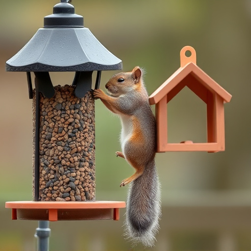 Squirrel climbing near protected bird feeder