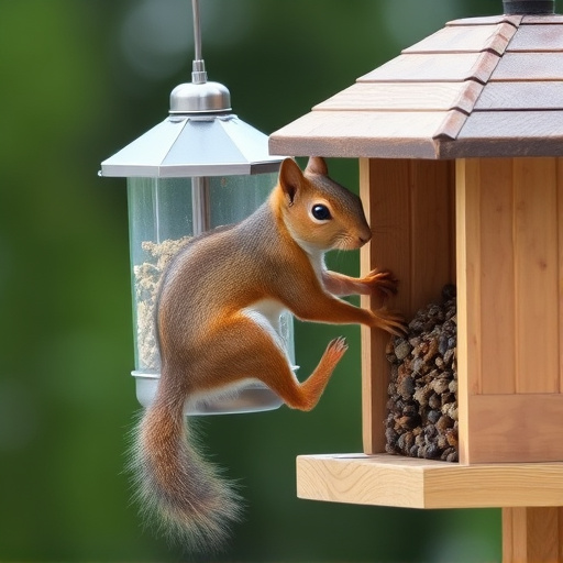 Squirrel climbing near protected bird feeder