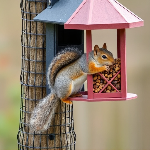 Squirrel climbing near protected bird feeder