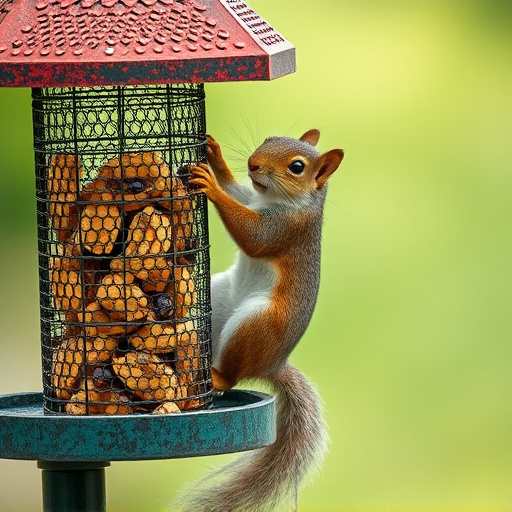 Squirrel climbing near protected bird feeder