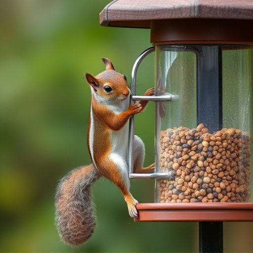 Squirrel climbing near protected bird feeder