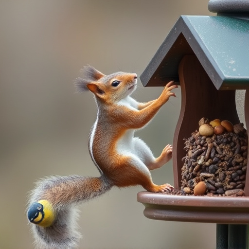 Squirrel climbing near protected bird feeder