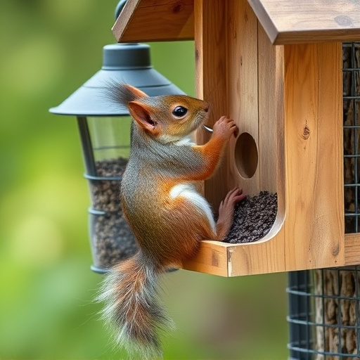 Squirrel climbing near protected bird feeder
