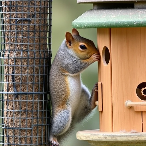 Squirrel climbing near protected bird feeder