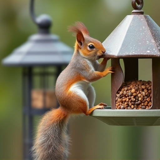 Squirrel climbing near protected bird feeder