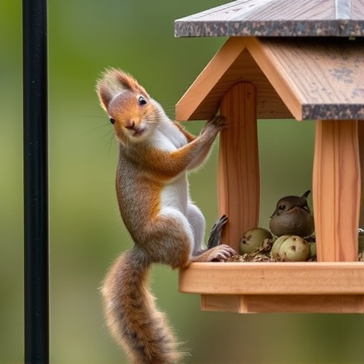 Squirrel climbing near protected bird feeder