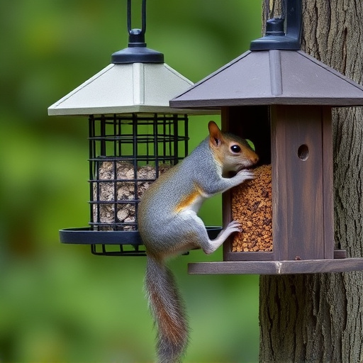 Squirrel climbing near protected bird feeder