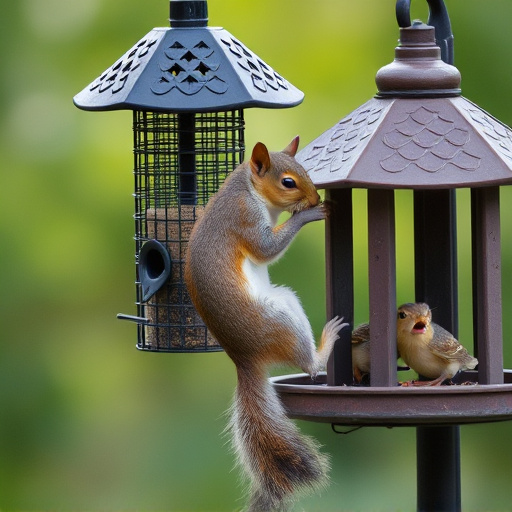 Squirrel climbing near protected bird feeder