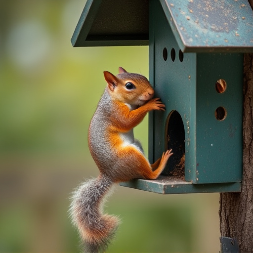 Squirrel climbing near protected bird feeder