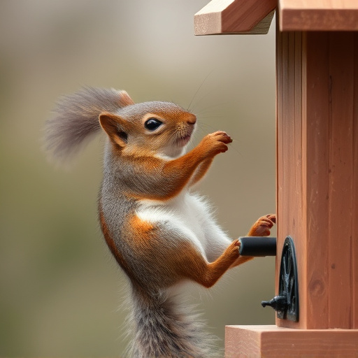 Squirrel climbing near protected bird feeder