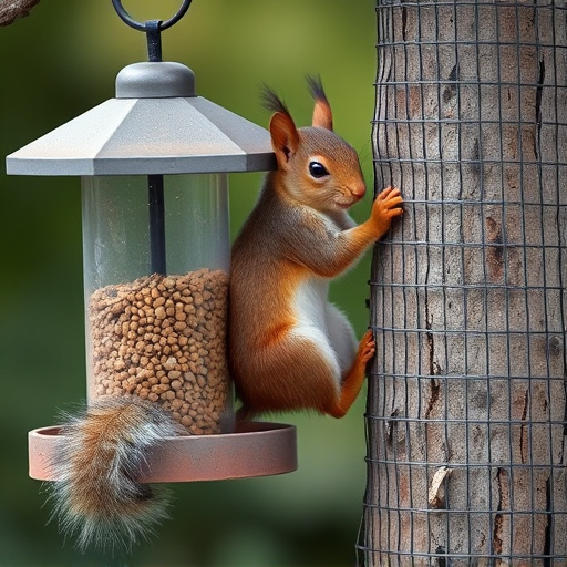 Squirrel climbing near protected bird feeder