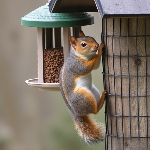Squirrel climbing near protected bird feeder