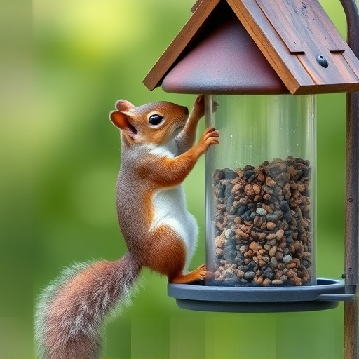 Squirrel climbing near protected bird feeder