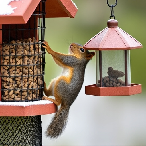 Squirrel climbing near protected bird feeder