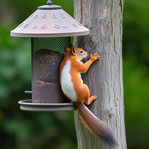 Squirrel climbing near protected bird feeder