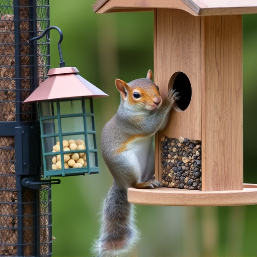 Squirrel climbing near protected bird feeder