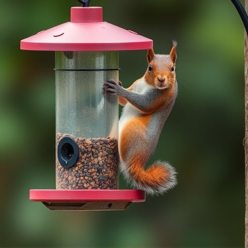 Squirrel climbing near protected bird feeder