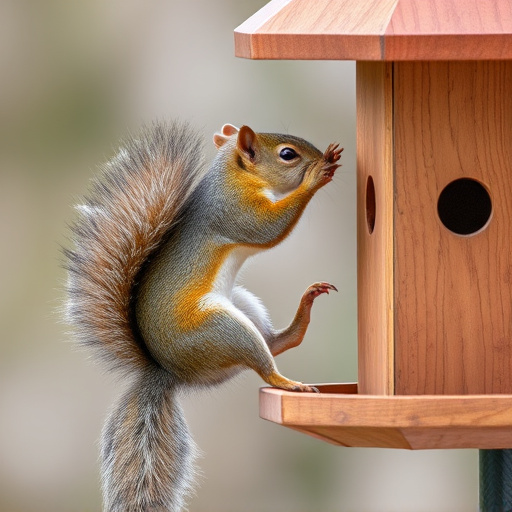 Squirrel climbing near protected bird feeder