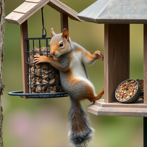 Squirrel climbing near protected bird feeder