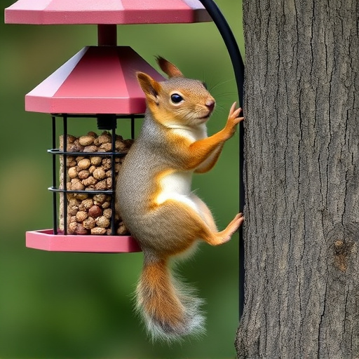 Squirrel climbing near protected bird feeder