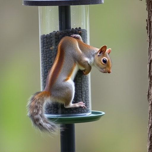 Squirrel climbing near protected bird feeder