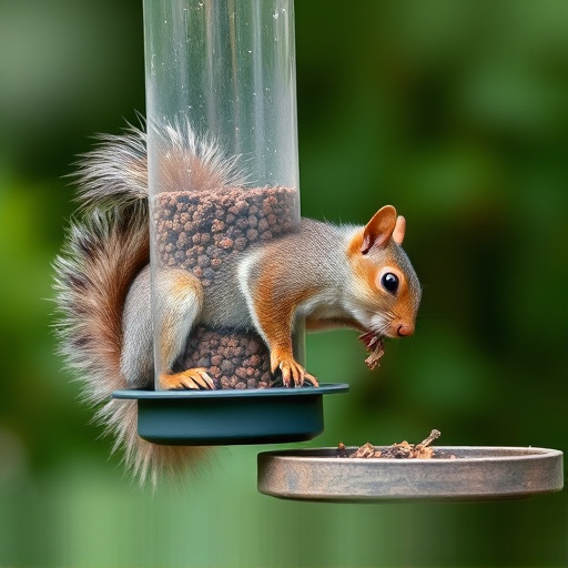 Squirrel nibbling on garden bird feeder blocked