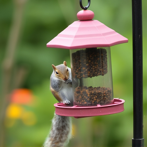 Squirrel nibbling on garden bird feeder blocked