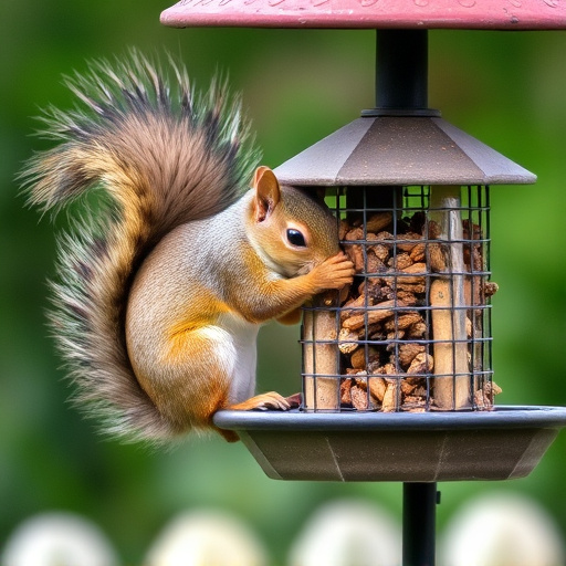 Squirrel nibbling on garden bird feeder blocked