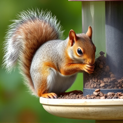 Squirrel nibbling on garden bird feeder blocked