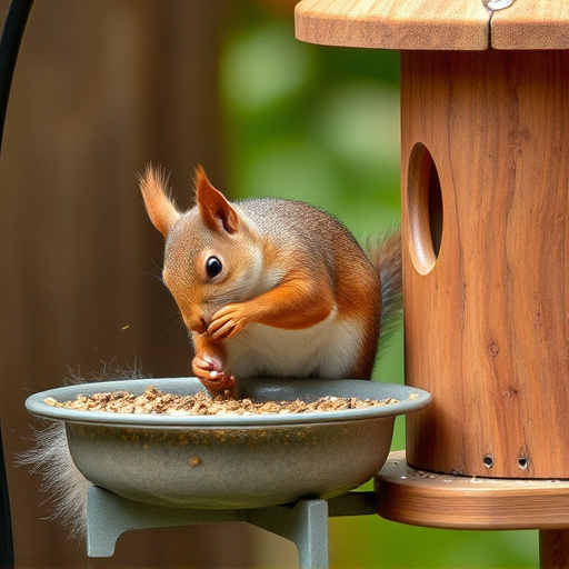 Squirrel nibbling on garden bird feeder blocked