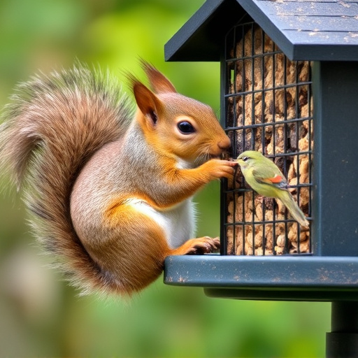 Squirrel nibbling on garden bird feeder blocked