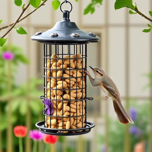 Squirrel-proof peanut feeder hanging in garden