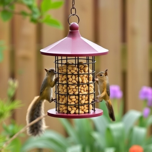 Squirrel-proof peanut feeder hanging in garden