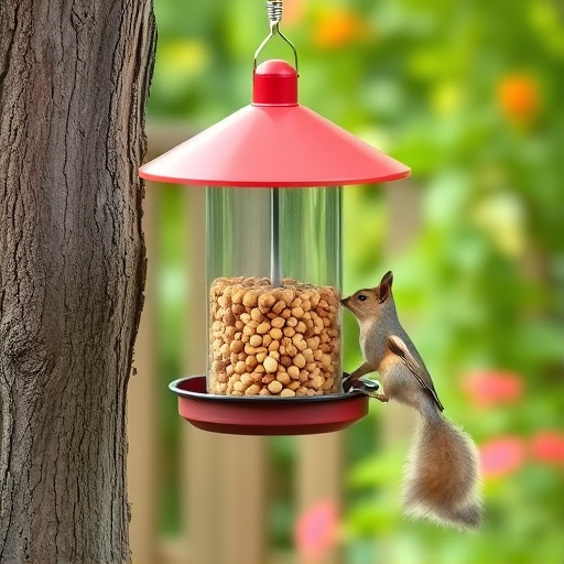 Squirrel-proof peanut feeder hanging in garden