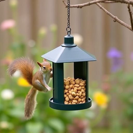 Squirrel-proof peanut feeder hanging in garden