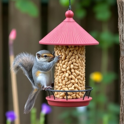 Squirrel-proof peanut feeder hanging in garden