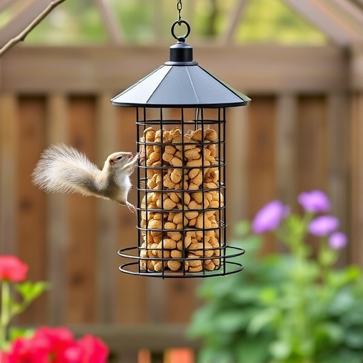 Squirrel-proof peanut feeder hanging in garden