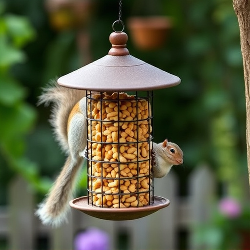 Squirrel-proof peanut feeder hanging in garden