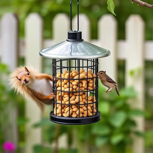 Squirrel-proof peanut feeder hanging in garden